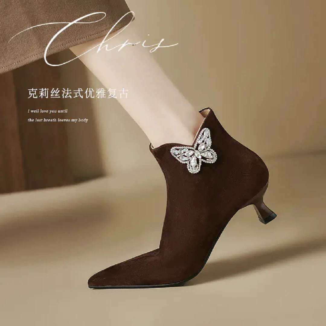 细跟高跟冬季尖头短靴简约时装靴时尚女靴秋冬裸靴