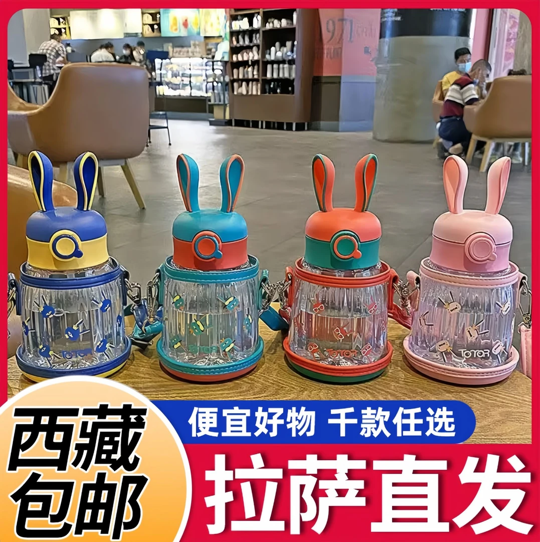 【西藏包邮】童萌迷踪兔吸管杯450ml夏季儿童水杯男女孩可爱背带杯