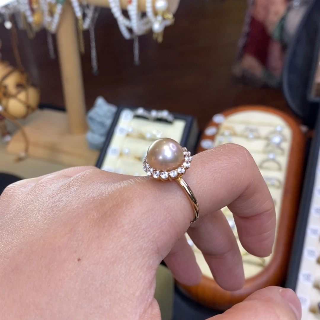 银S925镀金镶嵌淡水珍珠戒指微瑕