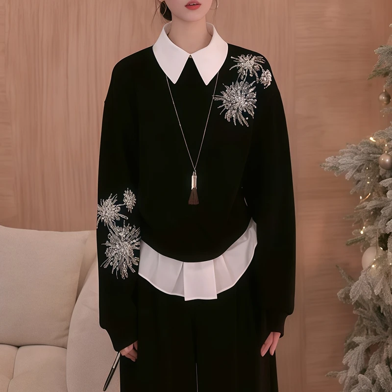 精致高级假两件翻领钻饰刺绣卫衣2026冬季拼接衬衫下摆轻熟款