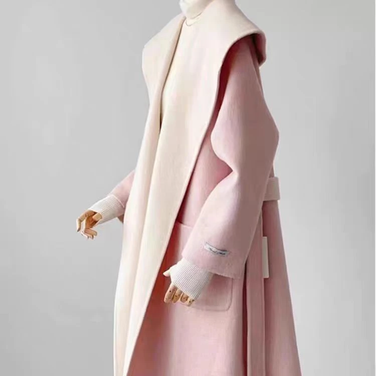 2025双色连帽长款羊毛大衣时尚洋气加厚高质量毛呢大衣