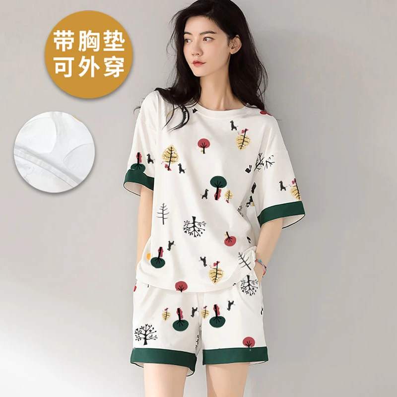 休闲风自带胸垫睡衣女夏季2025年新款夏天短袖短裤家居服套装夏款
