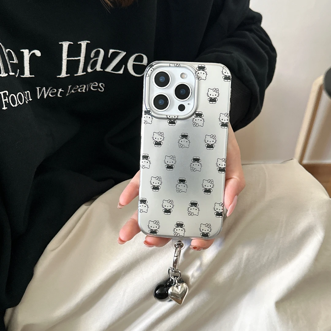 新款电镀亚银满屏可爱KT猫适用苹果13-16pm手机壳ins风卡通保护套