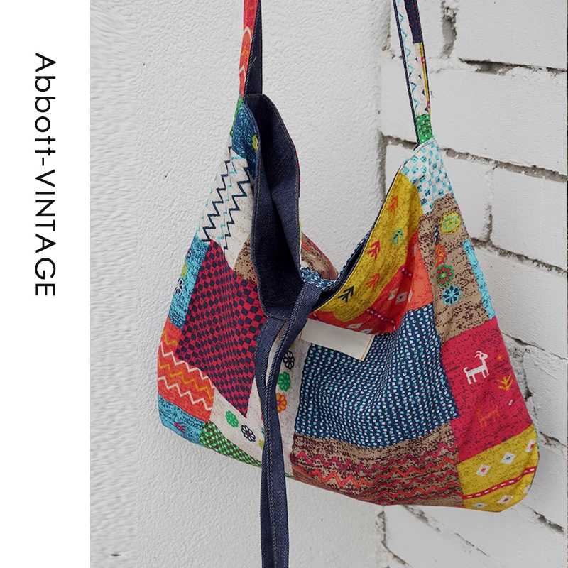 Abbott Vintage【双面牛仔包】复古简约波西米亚风牛仔布包单肩大