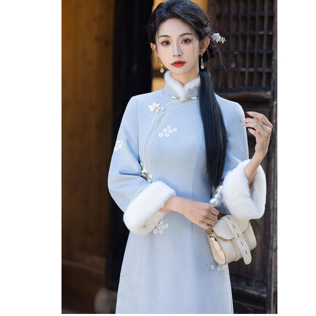 【霜蓝逸梦】旗袍2025冬季新款新中式加厚气质日常款修身复古优雅