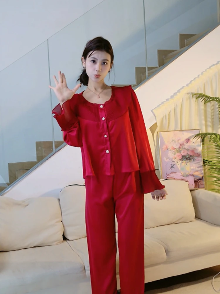 2025新款网红轻奢柔光丝睡衣女长袖春秋甜美大摆袖荷叶边家居服
