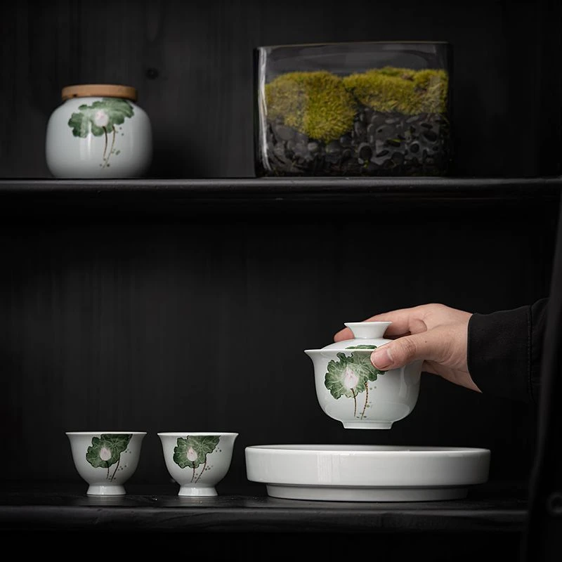 家用手绘盖碗茶杯功夫茶具套装一壶二杯带茶托盘整套泡茶器