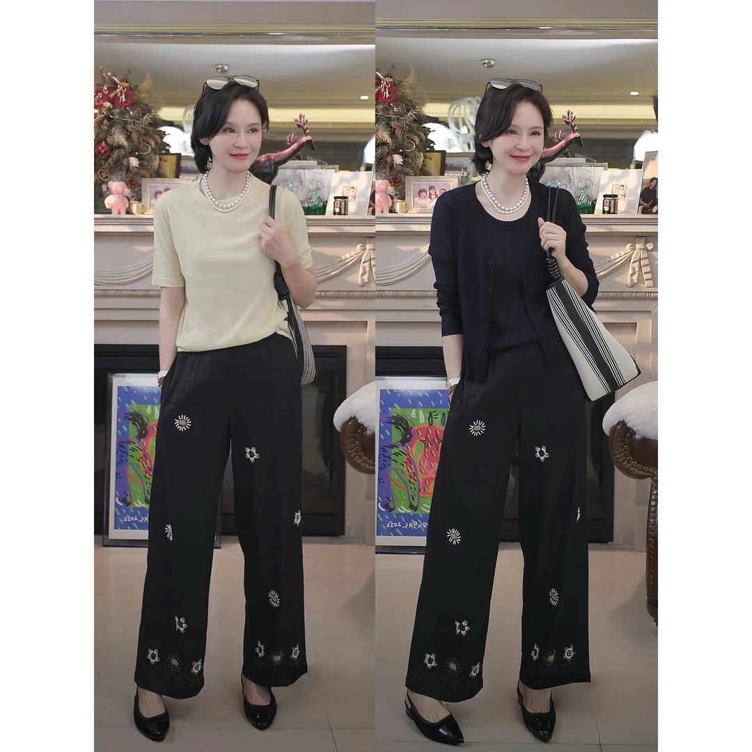 我是摩羯 如花在野 亚麻精美玻璃珠立体花松紧腰夏阔腿裤