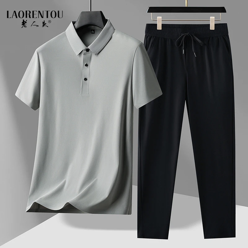 老人头透气中老年爸爸装POLO衫速干薄款冰丝大码男套装夏季中年