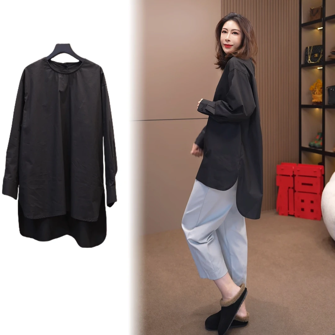 88676-1#《榜衣》韩版春季新款时尚简约前短后长休闲纯色女衬衫百搭