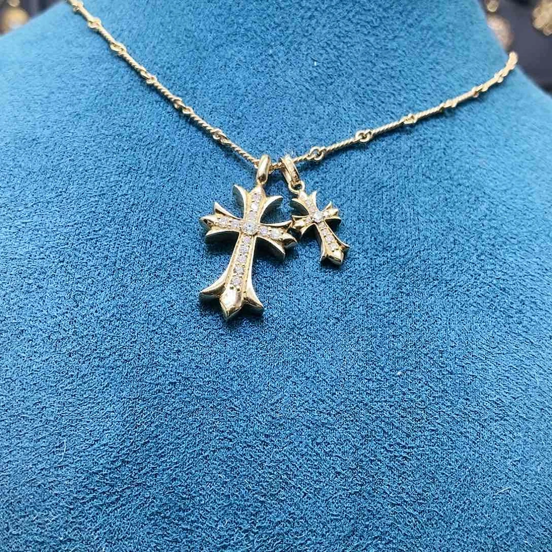 钻石颈饰18K金镶嵌k黄双十字架项链