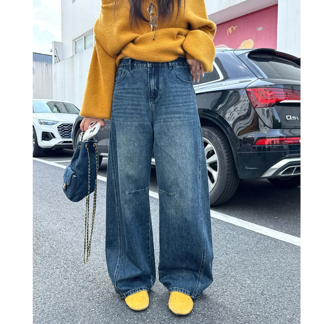 晶咕软软【含金量牛仔裤】休闲垂感显瘦深色美式复古水洗牛仔阔腿裤