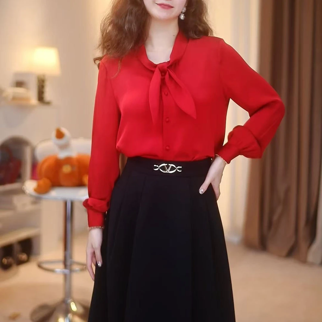 SIWAN1 / 2025春季新款大红色蝴蝶飘带真丝衬衫