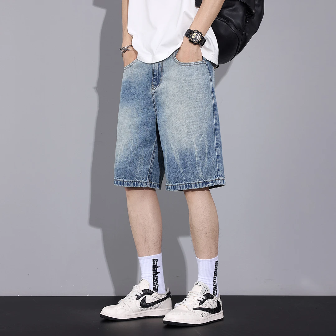 Kuvine夏季浅色薄款简约宽松牛仔短裤男款新款高街复古休闲中裤