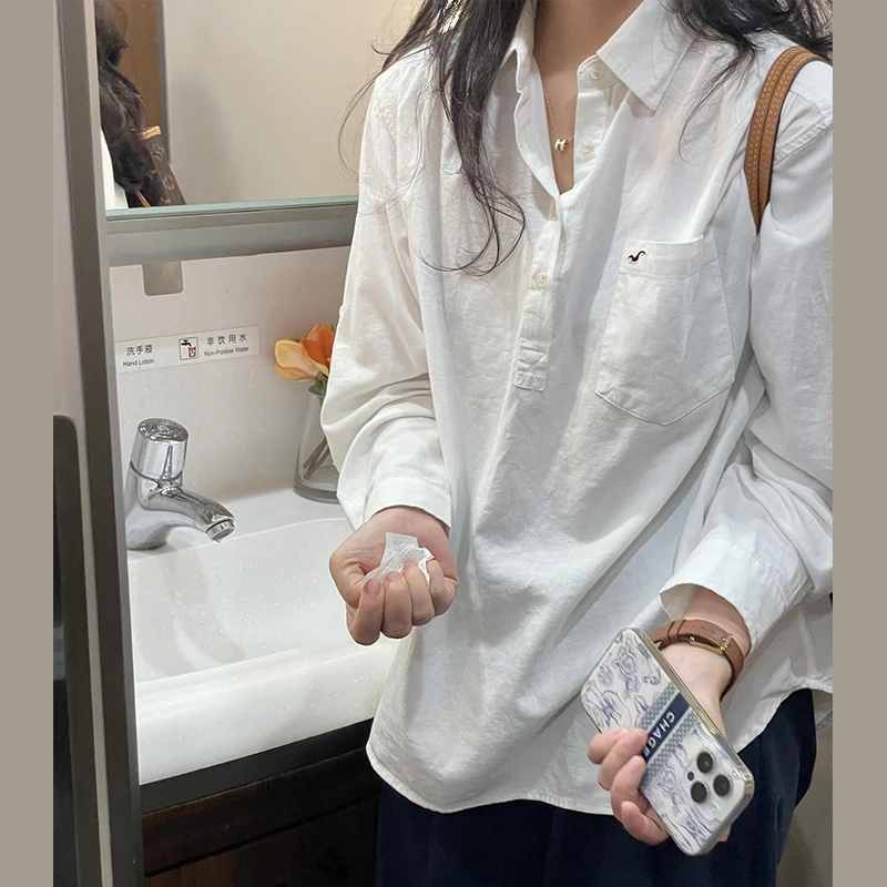 韩系白色polo领衬衫女款2025年新款爆款小个子衬衣高级感薄款上衣