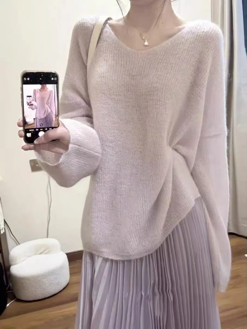 韩系温柔风薄款软糯宽松休闲毛衣罩衫女春季大码长袖针织衫上衣