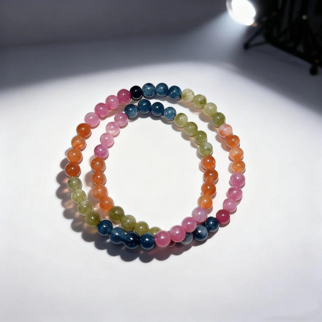 V59碧玺彩色圆珠手串6mm双圈（随机礼盒）