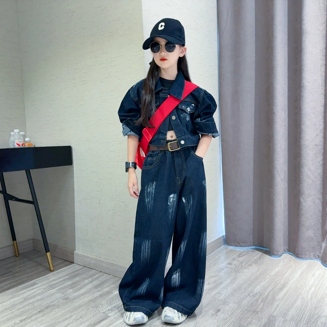 女童复古牛仔外套阔腿裤套装2025新款时尚中大童女孩短款上衣长裤