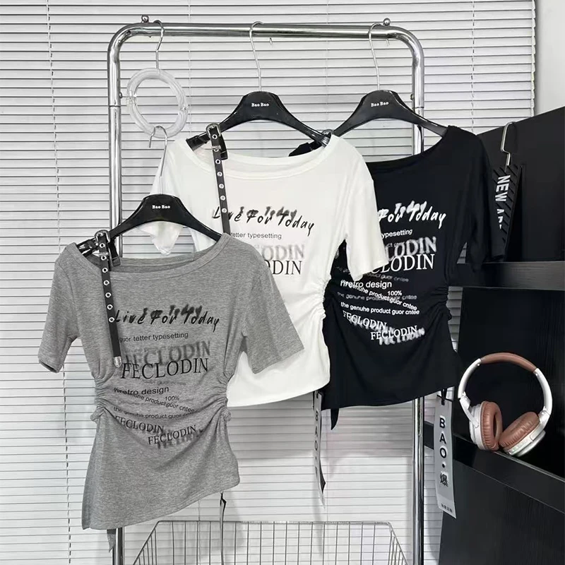 美式辣妹纯欲时髦设计斜肩短袖t恤女2025夏季新款修身显瘦上衣潮