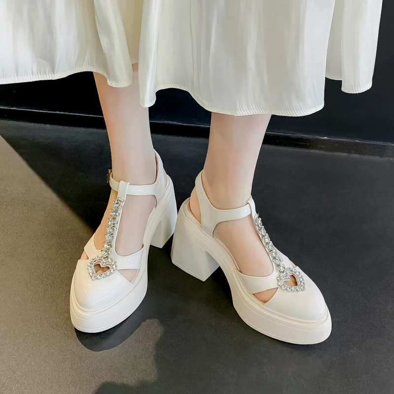 少女风丁字式扣带方根尖头高跟鞋女10cm厚底真皮时尚法式百搭凉鞋