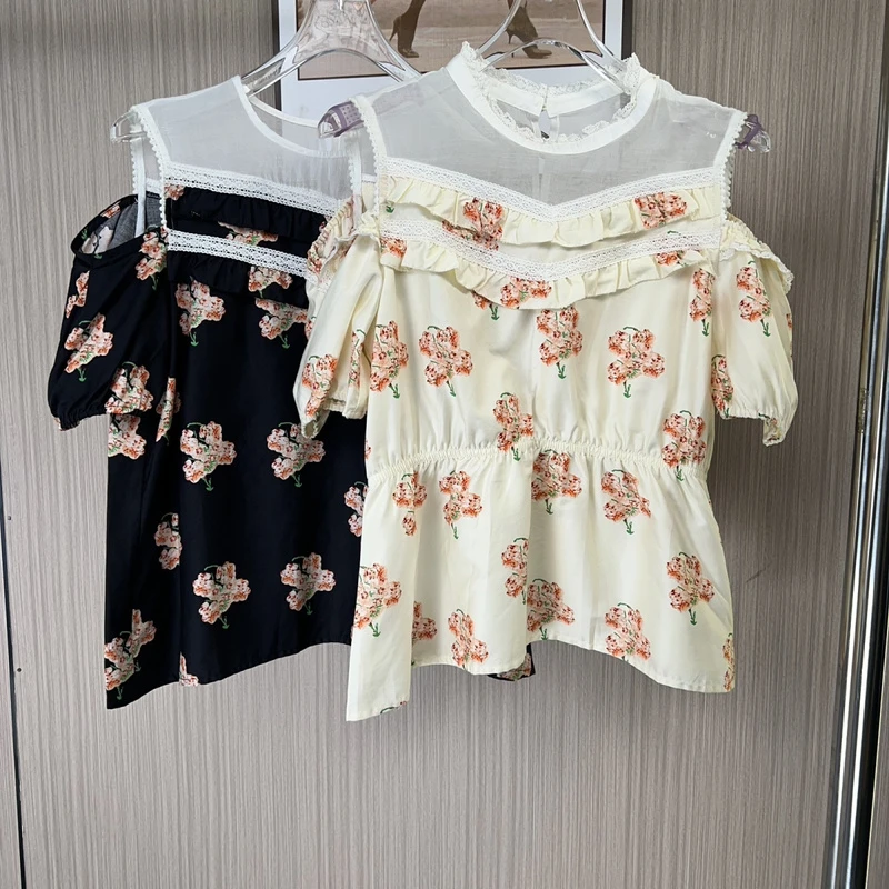 1095夏季品牌撤柜女装碎花时尚气质百搭泡泡袖收腰露肩上衣小衫