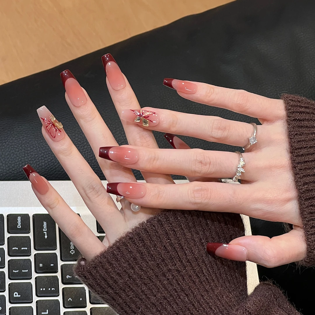 植兔穿戴甲中长款红色法式蝴蝶碎钻猫眼裸色系显白美甲手工高级感