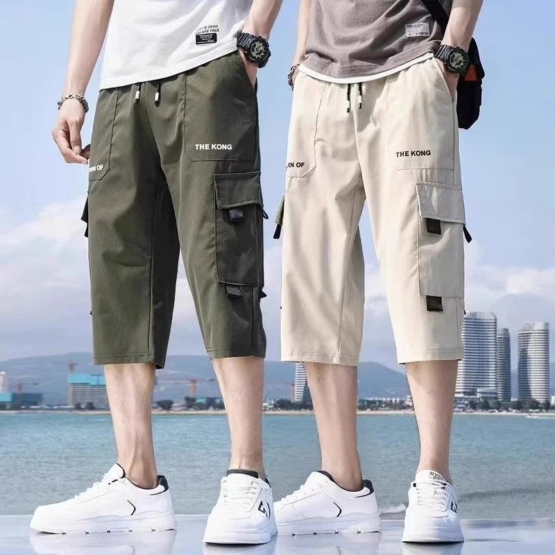 工装七分裤男夏季薄款潮流运动裤子男款宽松大码男生冰丝休闲短裤