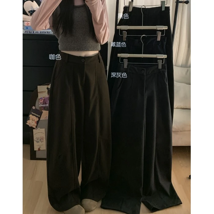 复古黑色抓绒西装休闲裤女秋冬垂感高腰直筒拖地裤子百搭阔腿长裤