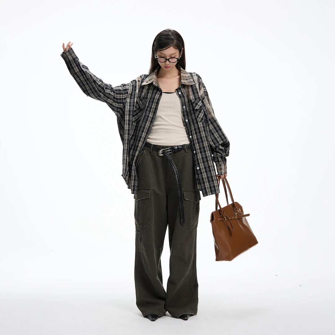 JUMPNEXT复古拼色春季气质格纹宽松做旧破洞水洗衬衫女潮上衣开衫