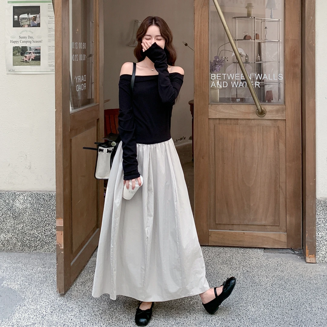 今年流行爆款连衣裙女早秋新款一字肩撞色拼接法式气质收腰长裙