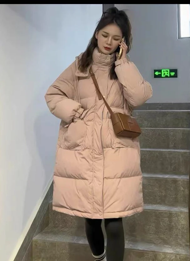 中长款宽松休闲时尚洋气减龄加厚保暖抽绳连帽立领过膝外套