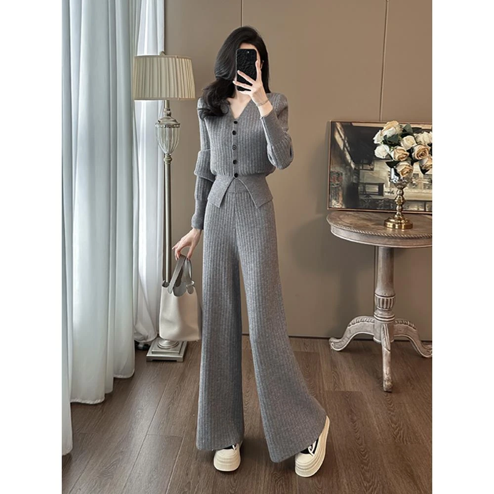 高级感针织休闲时尚运动套装女秋冬显瘦洋气减龄毛衣阔腿裤两件套