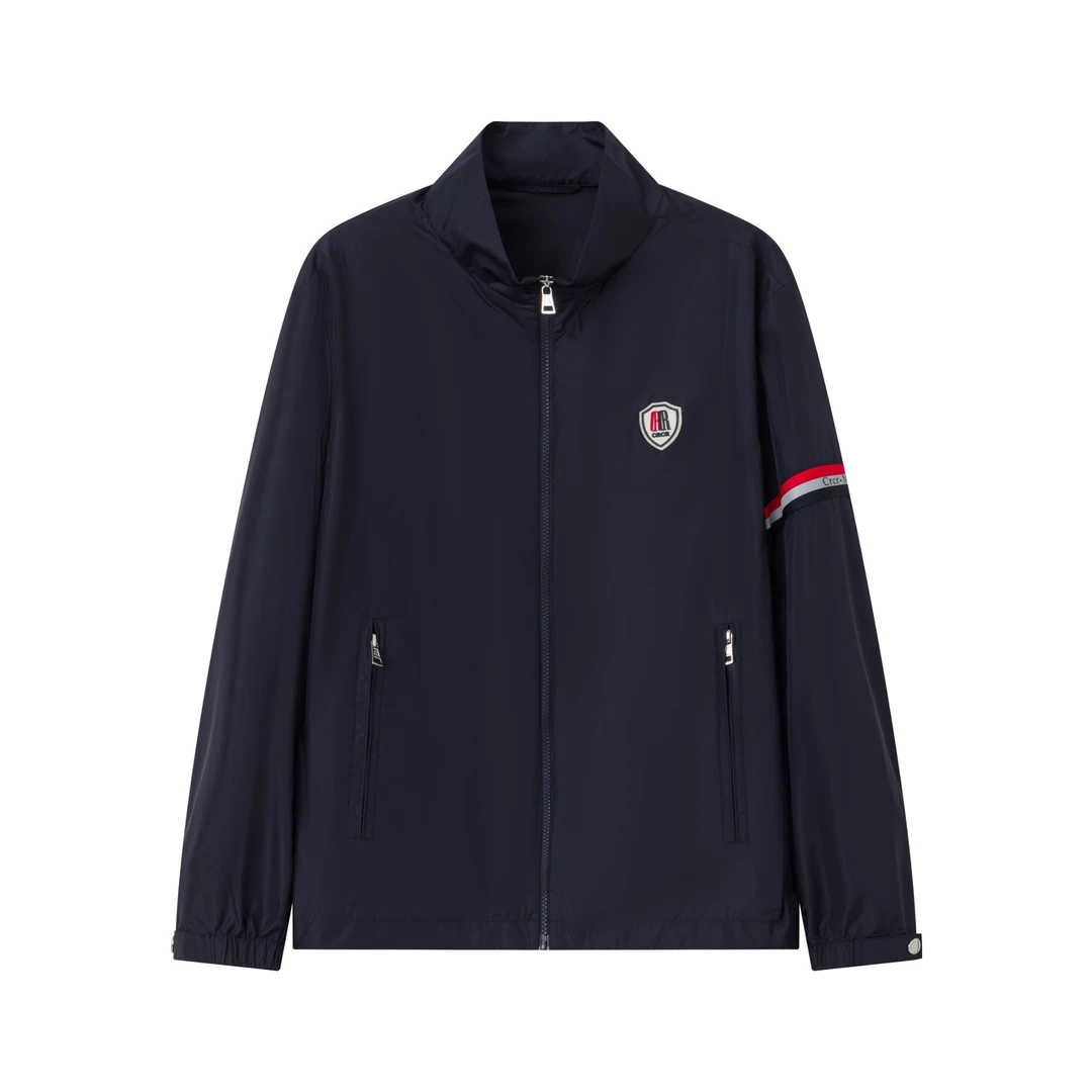 CRCR25春夏新品立领三色织条logo徽标深蓝薄款防水拉链男夹克外套