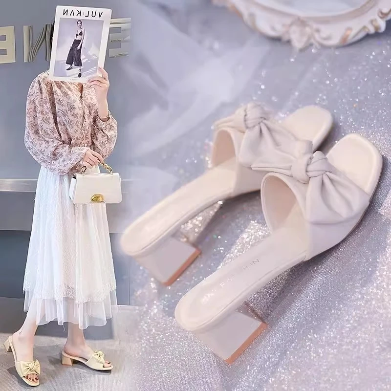 韩版粗跟拖鞋女外穿2025夏新款时尚仙女风蝴蝶结一字拖百搭凉拖鞋