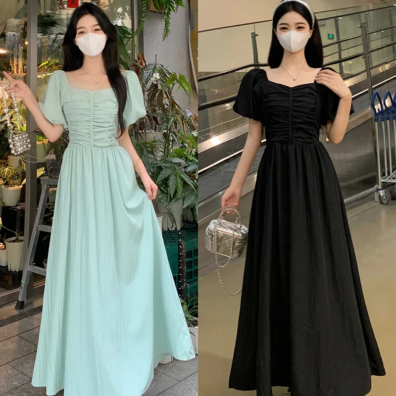 夏季新款大码heynew微胖女装法式方领温柔风气质收腰长款连衣裙