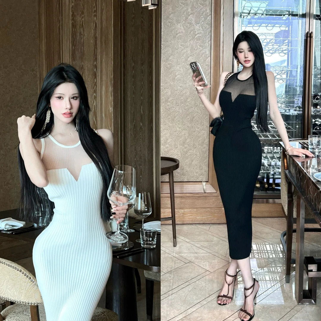 灰尘邓邓 【云织暗影】性感辣妹黑色网纱拼接微透连衣裙D25Q2871