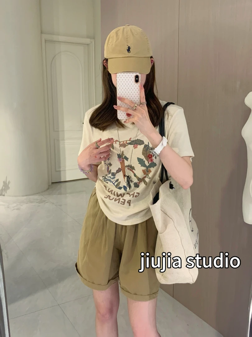 九佳 【夏夜花】刺绣新款时尚休闲百搭宽松圆领纯色韩版短袖T恤