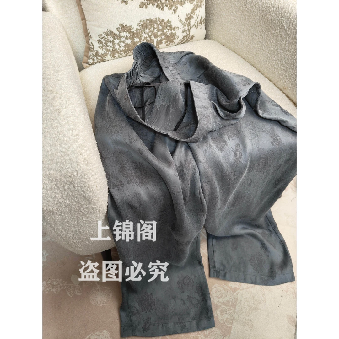 167新中式松紧腰提花阔腿裤气质时尚休闲百搭纯色中国风女裤复古