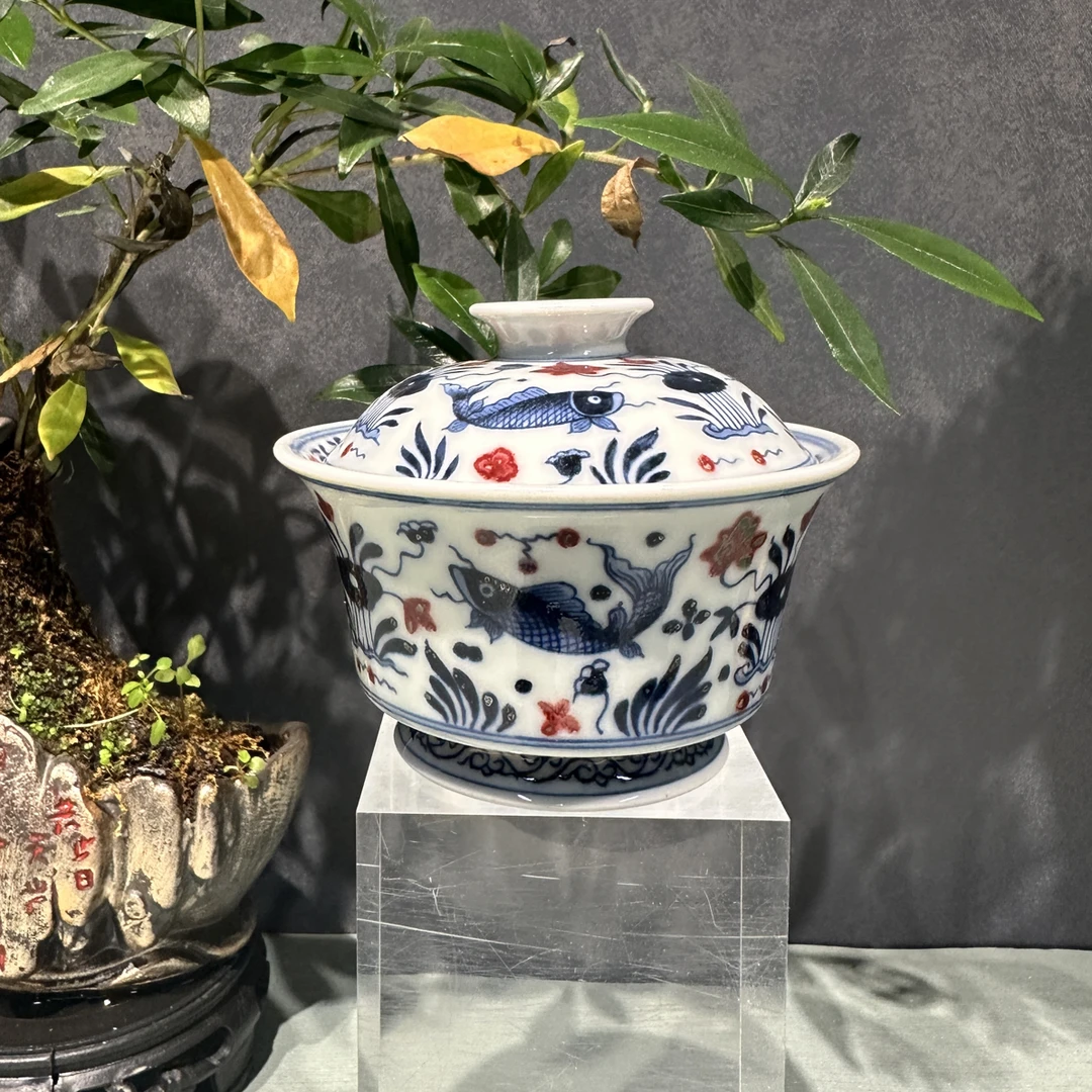 明和堂鱼澡马蹄盖碗手绘MHT202景德镇陶瓷茶器