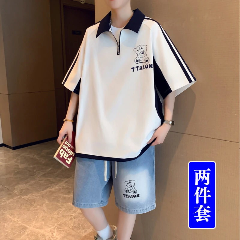 男生夏季薄款宽松休闲短袖POLO衫套装学生青少年宽松百搭T恤一套