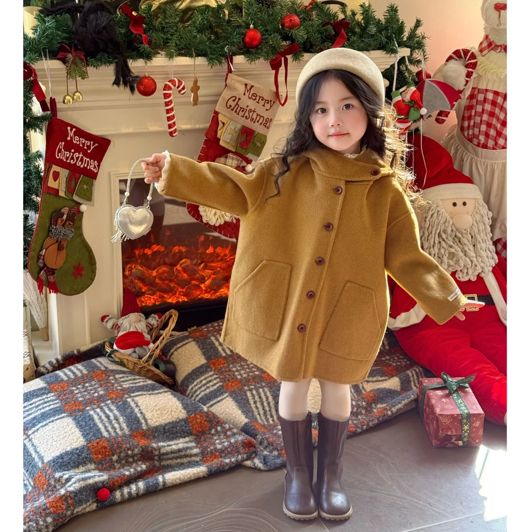 壹妈童装女童大衣2025秋冬新款巨好看小女孩韩版连帽棕色外套
