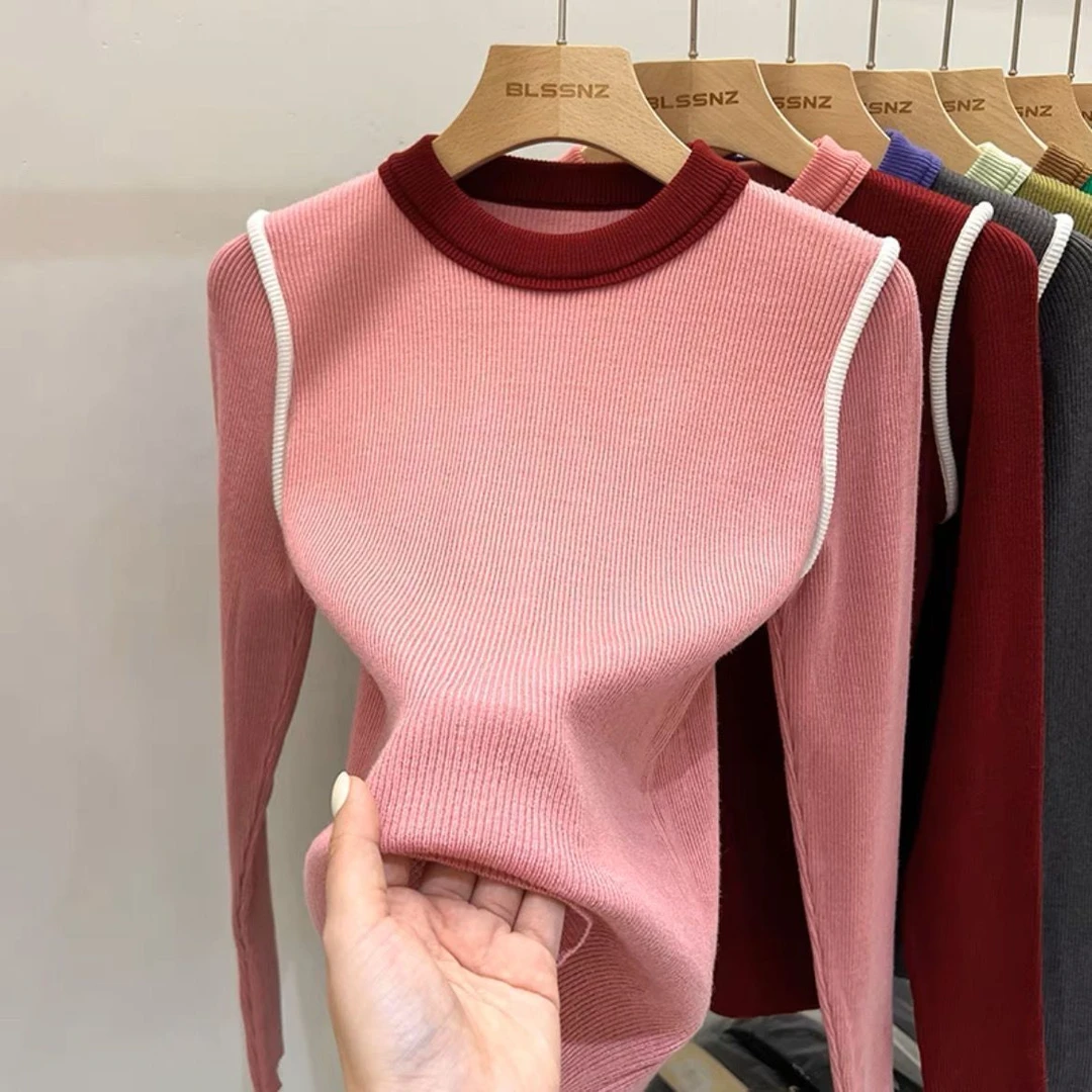 圆领秋冬新款拼接设计感针织衫女毛衣小众时尚内搭上衣洋气打底衫