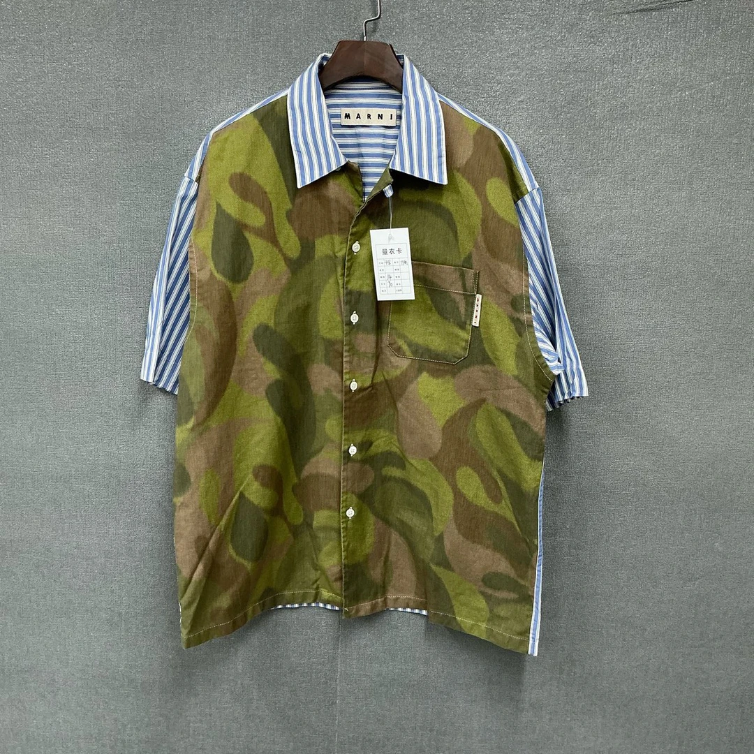 99新 maje Marni 迷彩拼接条纹衬衫短袖48码