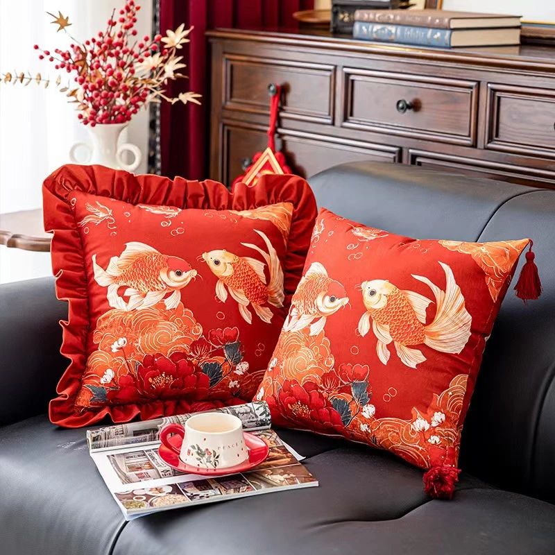 年年有余新年抱枕套客厅沙发节日抱枕红色过年喜庆吉祥靠枕可拆卸
