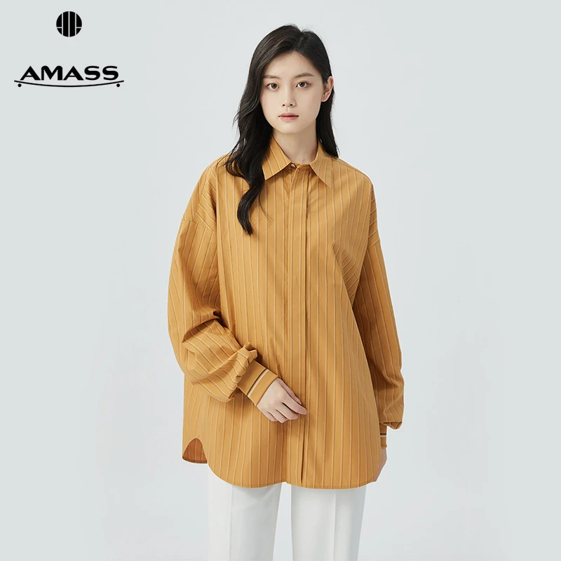 阿玛施AMASS美拉德风基础款通勤纯棉长袖衬衣条纹廓形衬衫5300811