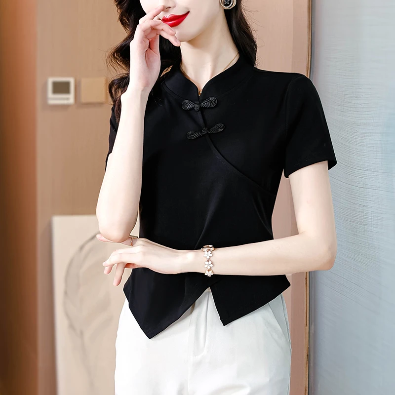 夏季新款时尚中式国风纯棉针织立领复古盘扣设计感短袖T恤3808