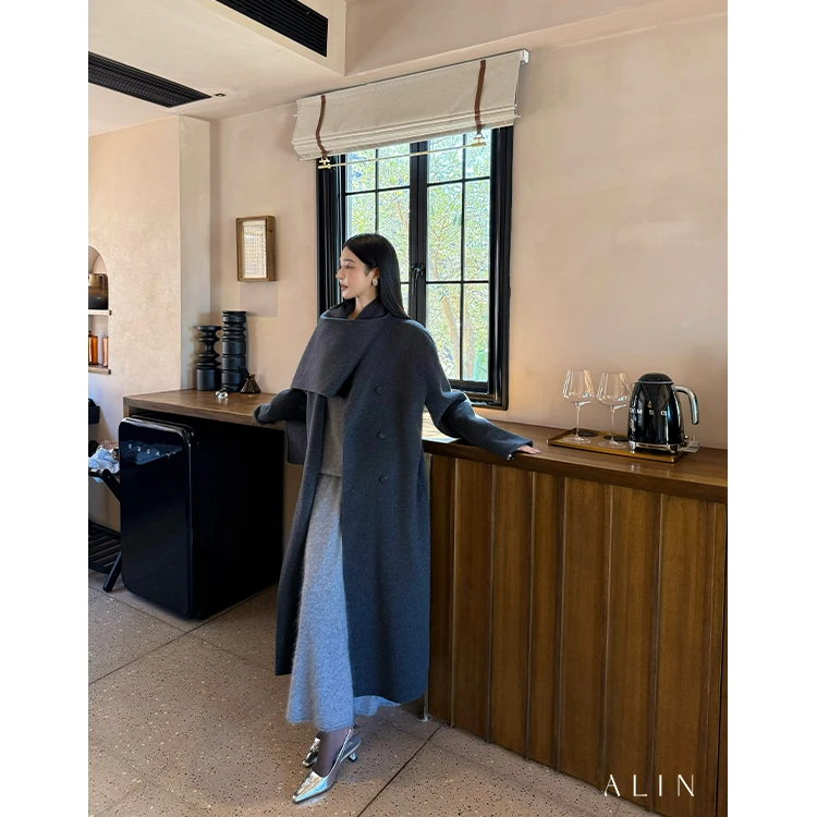 阿琳ALIN【砚底沉烟】定制羊绒围巾领大衣女长款羊毛外套冬AL5POD10