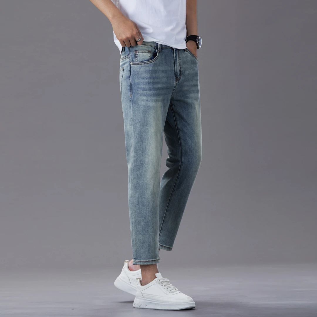 八分裤夏季薄款天青蓝修身小脚裤小个子男士牛仔裤高弹力显高显瘦