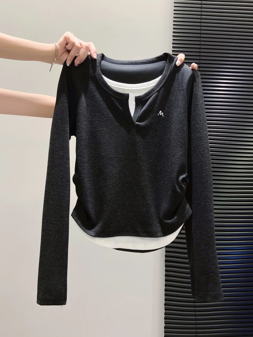 早秋新款ins风长袖休闲风T恤微胖女生气质慵懒修身显瘦百搭上衣潮