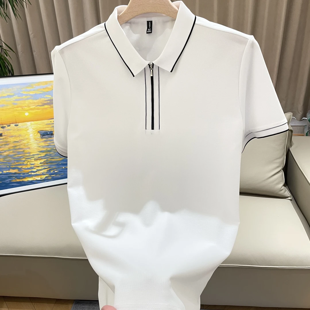 拉链常规款水洗短袖夏季男Polo衫条纹常规商务休闲罗纹装饰